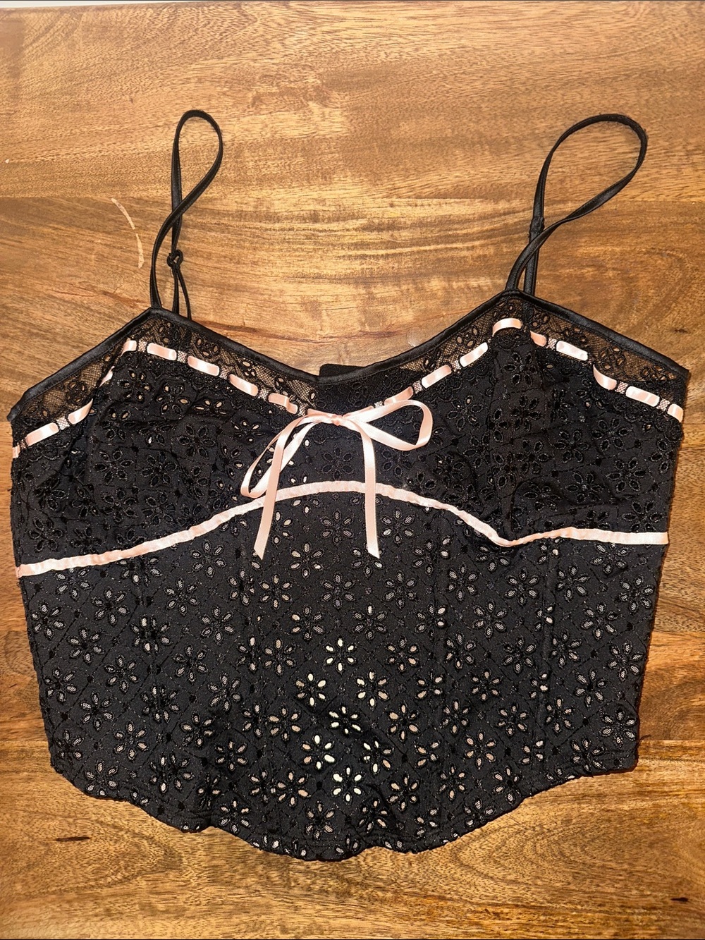 For Love & Lemons Black Eyelet Lace Cami with Pink Ribbon